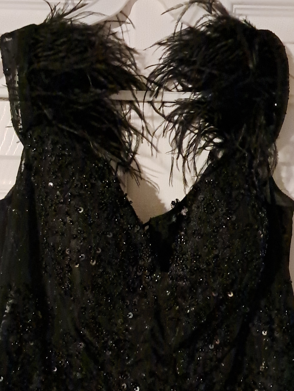 Black Sequin Dress with Feathered Bust.  Suze 14.